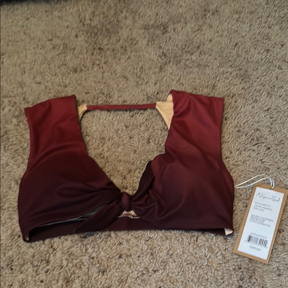 Niyama Sol Burgundy and Beige Knot-Front Sports Bra